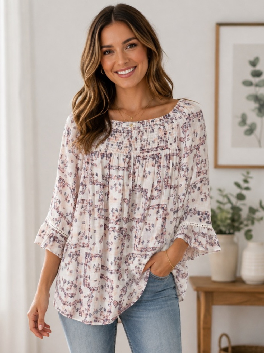 New Directions Cream Floral Peasant Tunic with Mauve Print Size Medium
